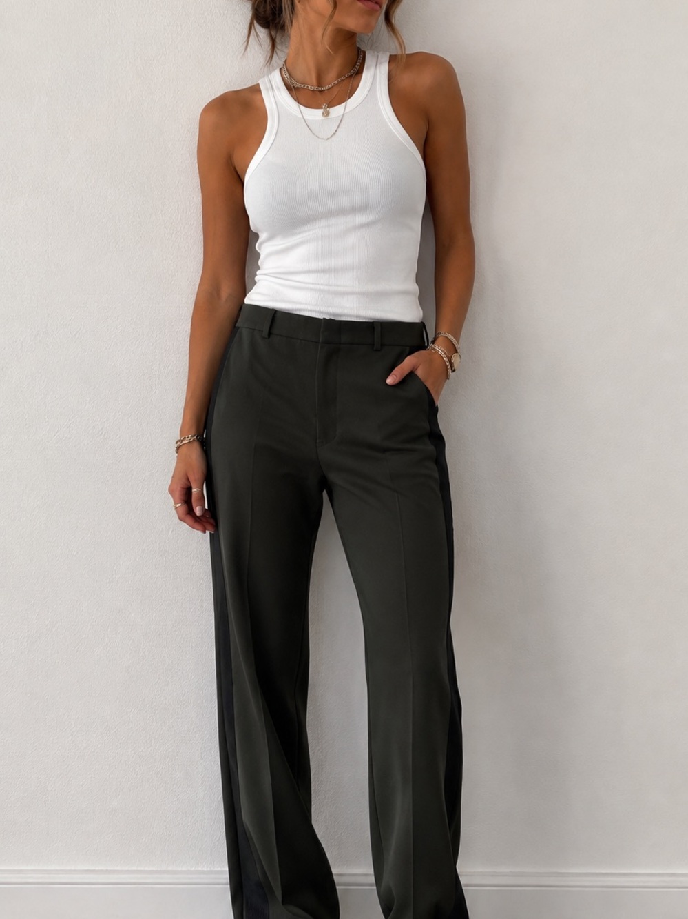 High-Waist Wide Leg Women’s Pants in Dark Olive military slacks